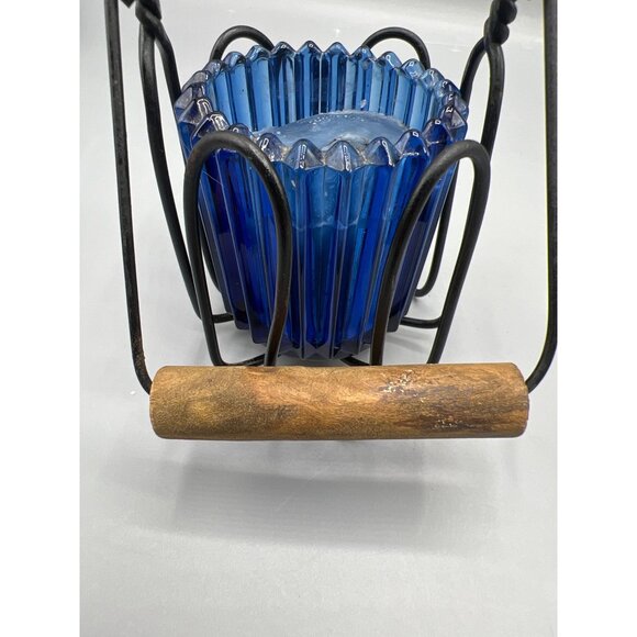 Cobalt Blue Glass Candle Holder With Iron Holder Wood Handle Primitive Look 4.5" - Picture 13 of 15